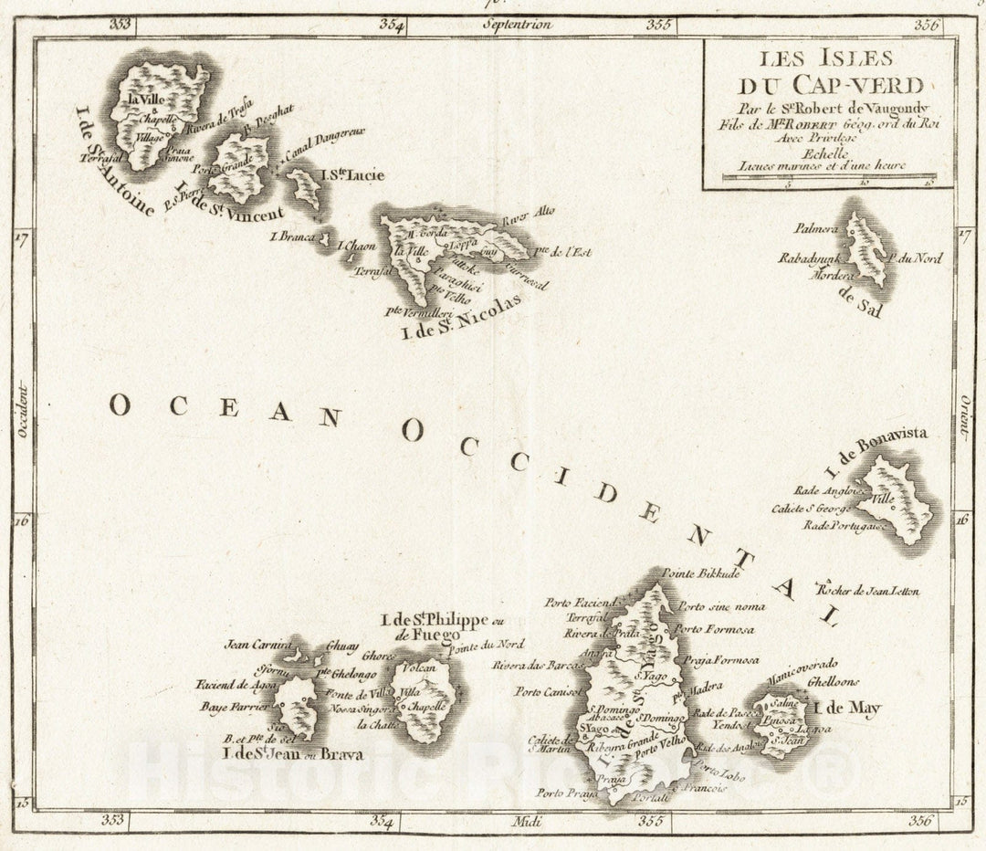 Historical Map, 1749 Les Isles du Cap-Verd, Vintage Wall Art