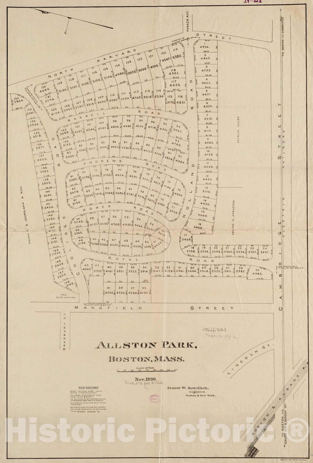 Historical Map, 1890 Allston Park, Boston, Mass, Vintage Wall Art