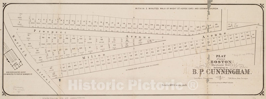 Historical Map, 1870-1880 Plat of Lots in Boston (Dorchester Dist.) Belonging to B.P. Cunningham, Vintage Wall Art