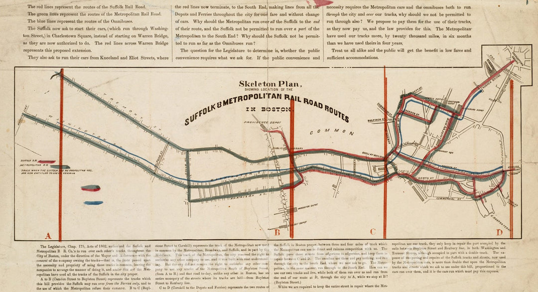 Historical Map, 1862-1900 Skeleton Plan, Showing Location of The Suffolk & Metropolitan Rail Road Routes in Boston, Vintage Wall Art