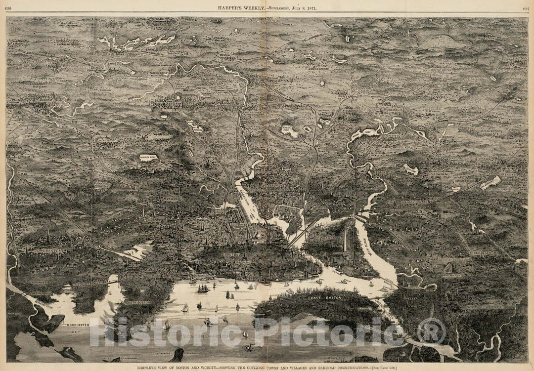 Historical Map, 1871 Birds-Eye View of Boston and Vicinity : Showing The outlying Towns and Villages and Railroad Communications, Vintage Wall Art