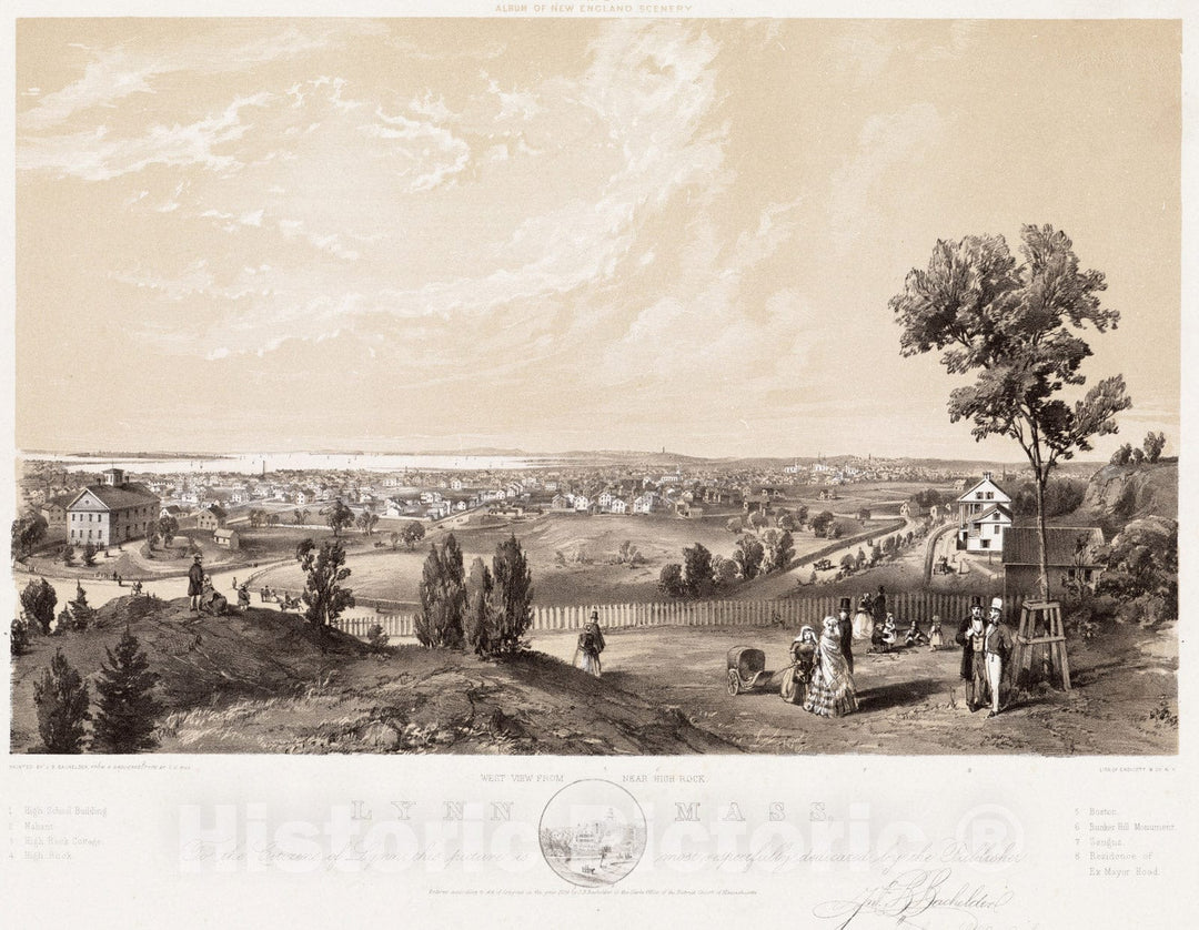 Historical Map, 1856 Lynn, Mass [Art Original] : west View from Near High Rock, Vintage Wall Art