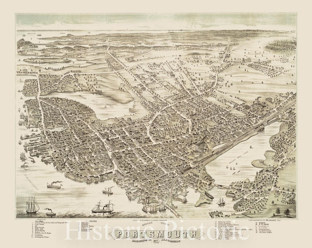 Historical Map, 1877 Bird's Eye View of Portsmouth, Rockingham Co, New Hampshire, Vintage Wall Art