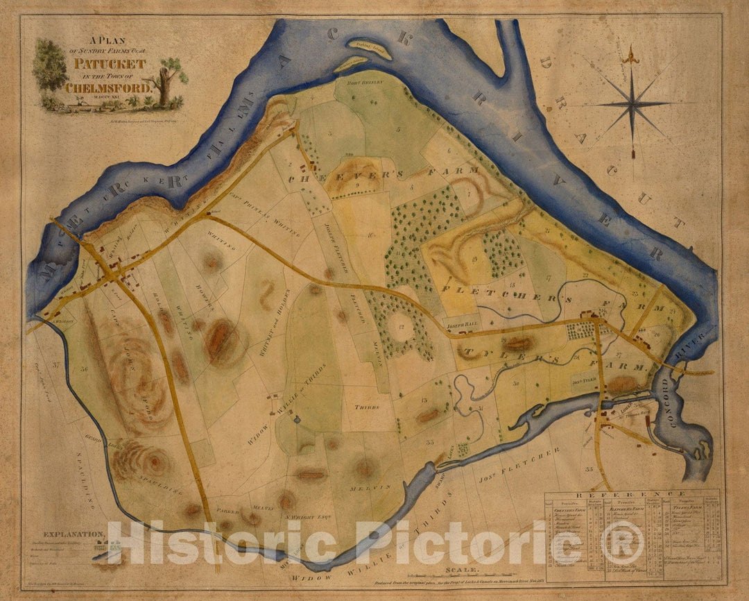 Historical Map, 1871 A Plan of sundry Farms etc. at Patucket in The Town of Chelmsford, Vintage Wall Art