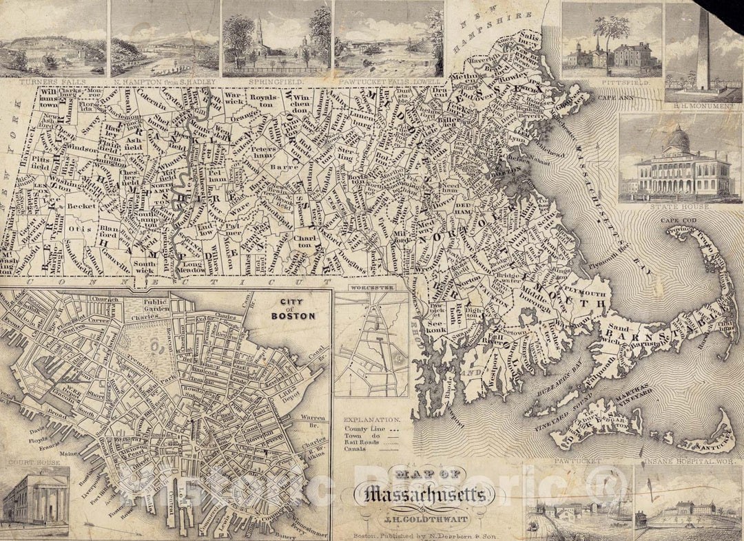 Historical Map, 1838 Map of Massachusetts, Vintage Wall Art