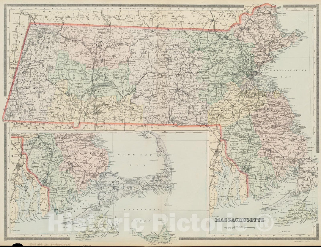 Historical Map, 1889 Massachusetts, Vintage Wall Art
