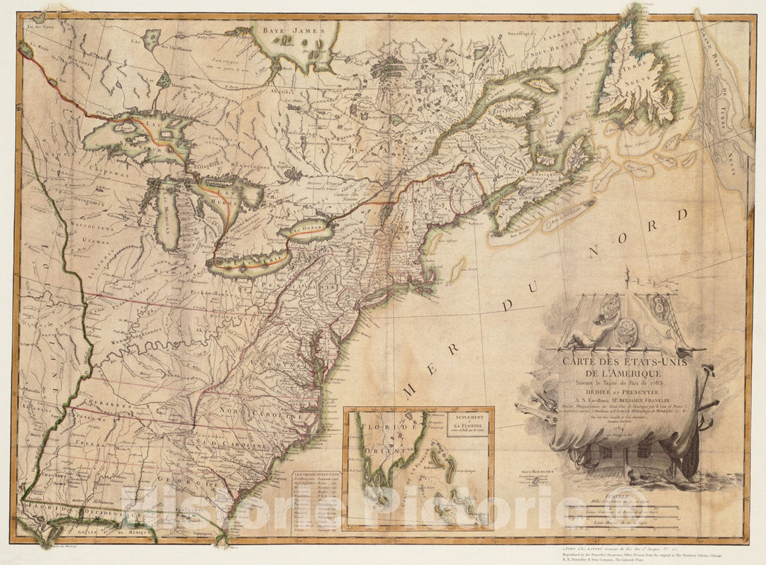 Historical Map, Carte des Etats-UNIS de l'Amerique suivant le Traite de Paix de 1783 : dediee et presentee a S. Excellence Mr. Benjamin Franklin, Vintage Wall Art