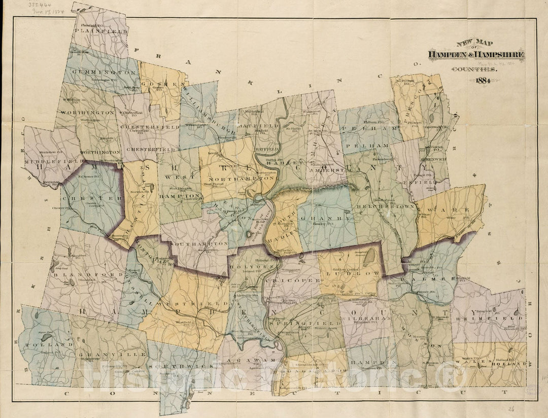 Historical Map, New map of Hampden & Hampshire Counties : 1884, Vintage Wall Art
