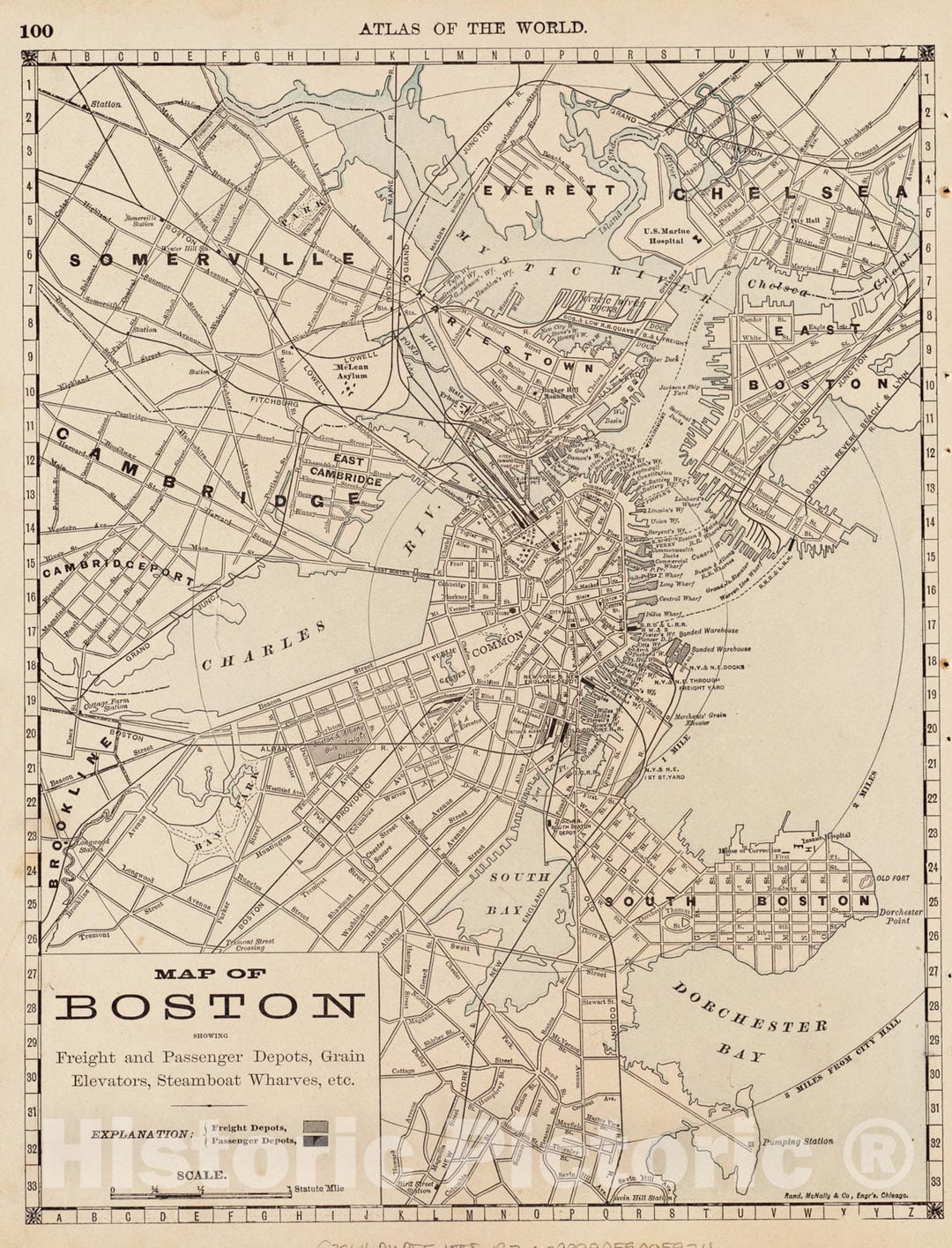 Historical Map, 1888 Map of Boston : showing freight and passenger depots, grain elevators, steamboat wharves, etc, Vintage Wall Art