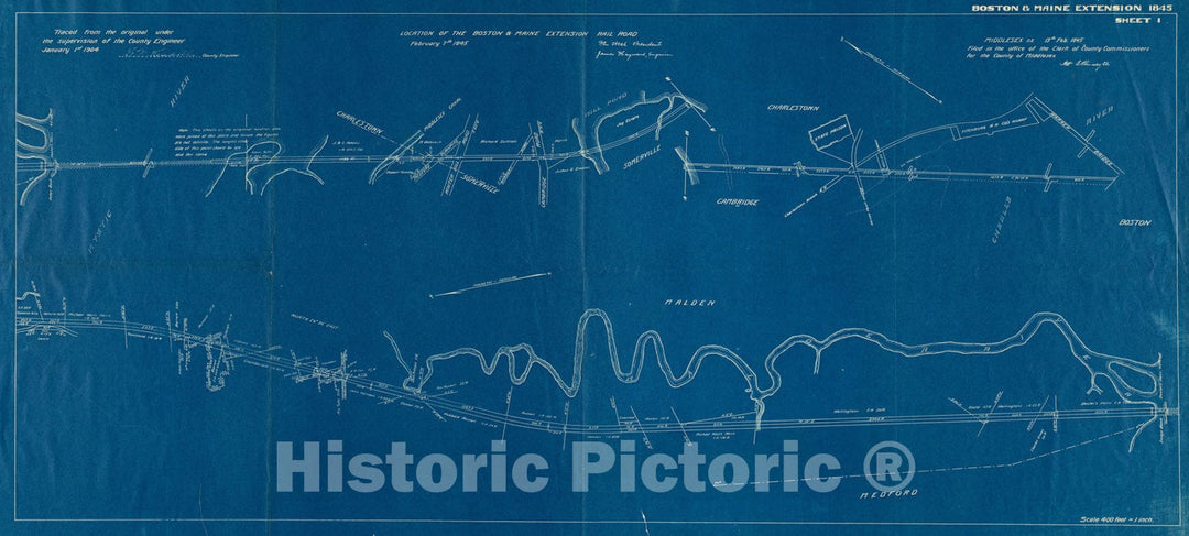 Historical Map, 1845 Location of the Boston & Maine extension rail road : from Boston to Wilmington, Vintage Wall Art