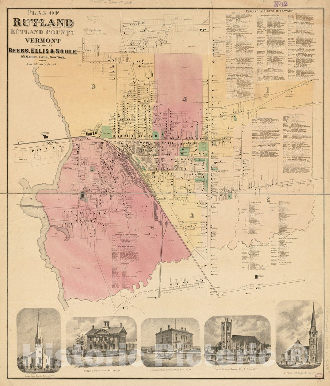 Historical Map, 1869 Plan of Rutland, Rutland County, Vermont, Vintage Wall Art