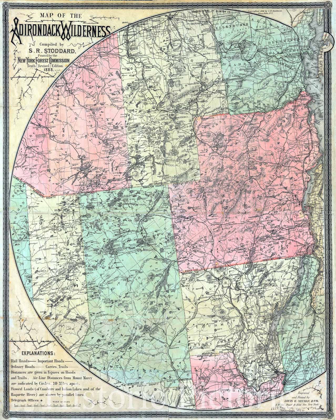 Historical Map, 1888 Map of The Adirondack Wilderness, Vintage Wall Art