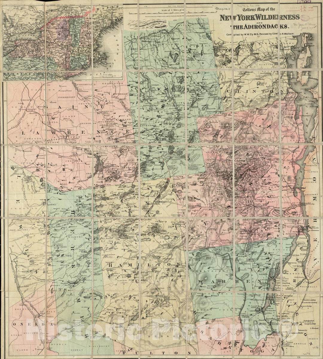 Historical Map, 1884 Colton's map of the New York Wilderness and the Adirondacks, Vintage Wall Art