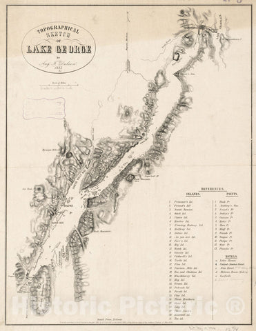 Historical Map, 1855 Topographical sketch of Lake George, Vintage Wall Art