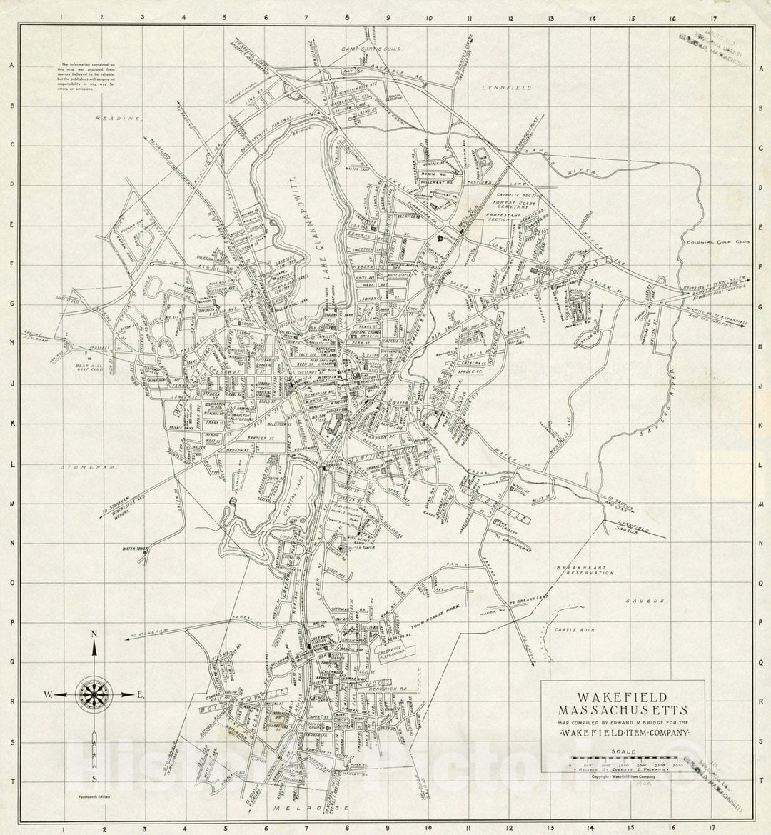 Historical Map, 1960 Wakefield, Massachusetts, Vintage Wall Art