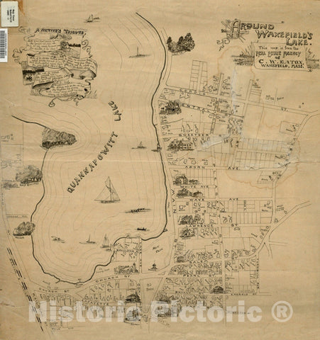 Historical Map, 1889 Around Wakefield's lake, Vintage Wall Art