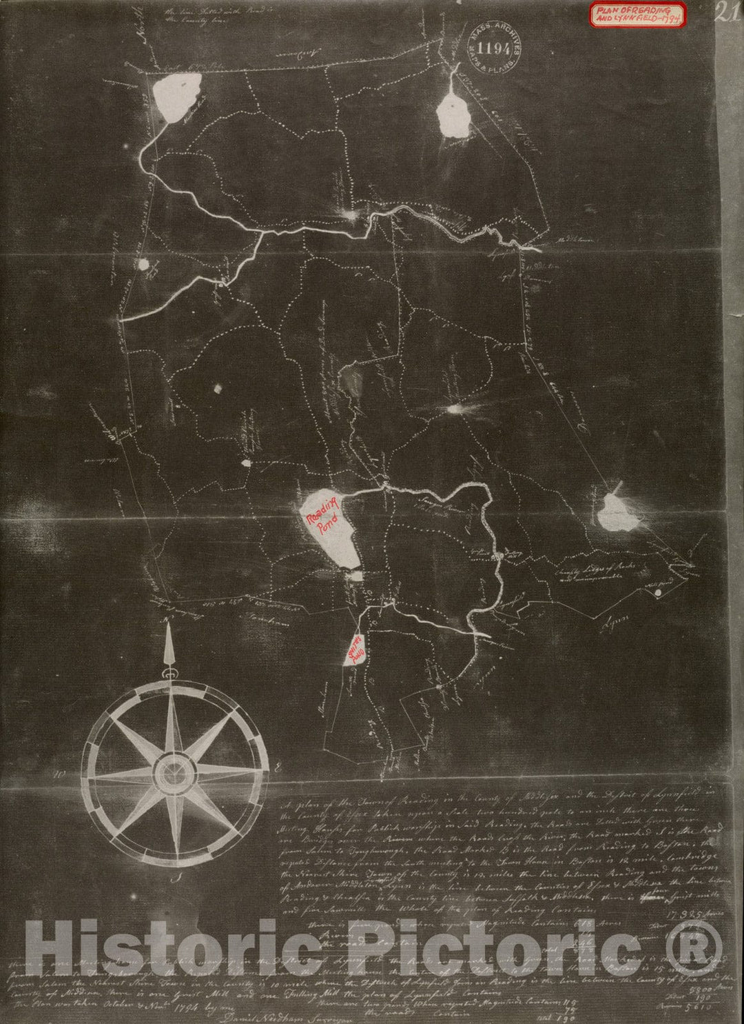 Historical Map, 1794 A Plan of The Town of Reading in The County of Middlesex and The Town of Lynnfield in The County of Essex, Vintage Wall Art