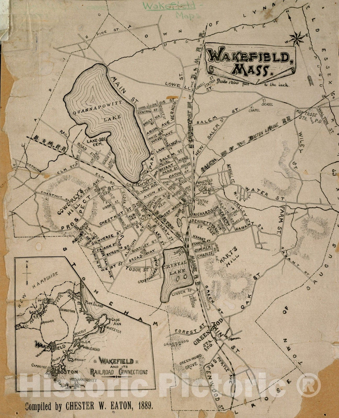 Historical Map, 1889 Wakefield, Massachusetts, Vintage Wall Art