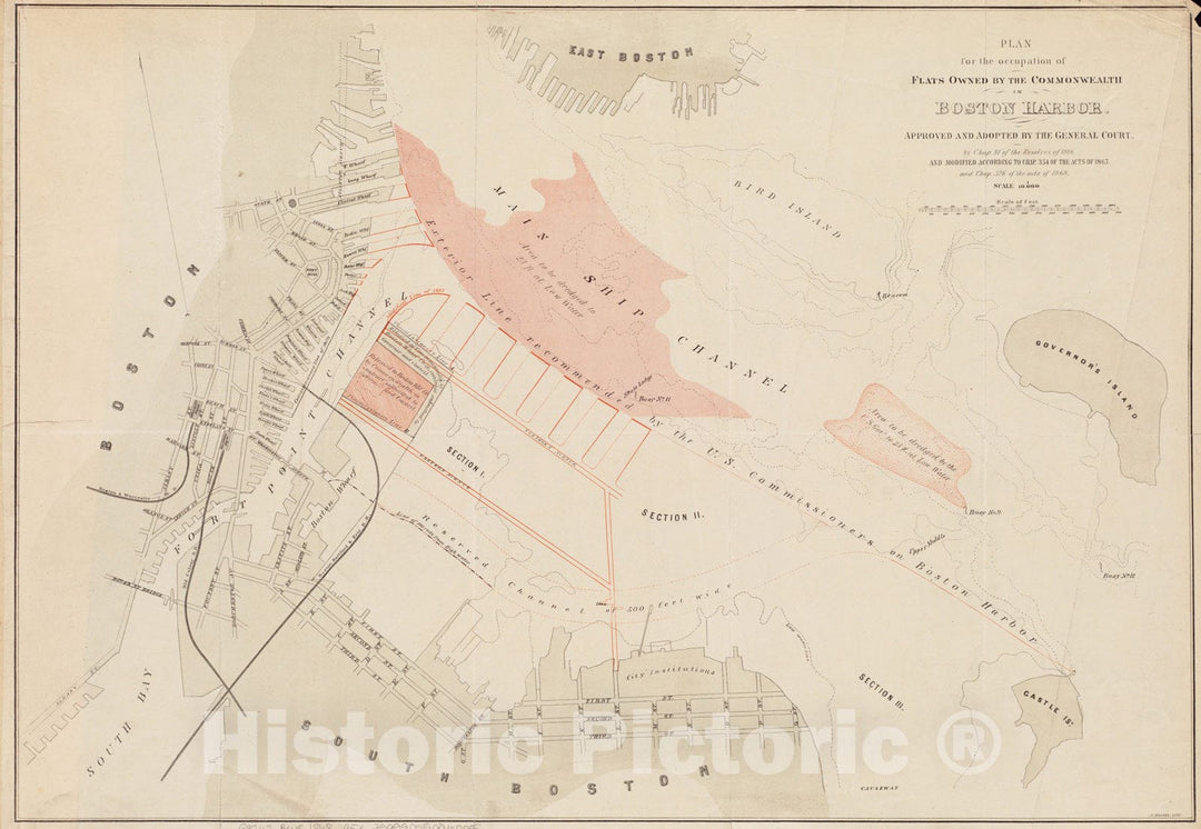 Historical Map, 1868 Plan for The Occupation of Flats Owned by The Commonwealth in Boston Harbor, Vintage Wall Art