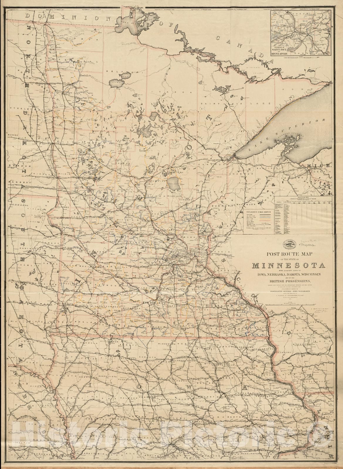 Historical Map, Post Route map of The State of Minnesota with Adjacent Parts of Iowa, Nebraska, Dakota, Wisconsin and of The British Possessions, Showing Post Offices, Vintage Wall Art
