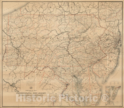 Historical Map, Post Route map of The States of Pennsylvania, New Jersey, Delaware, and Maryland and of The District of Columbia with Adjacent Parts of New York, Ohio, Vintage Wall Art