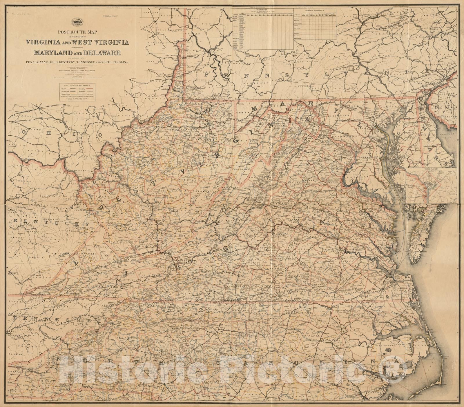 Historical Map, Post Route map of The States of Virginia and West Virginia Together with Maryland and Delaware with Adjacent Parts of Pennsylvania, Ohio, Kentucky, Vintage Wall Art