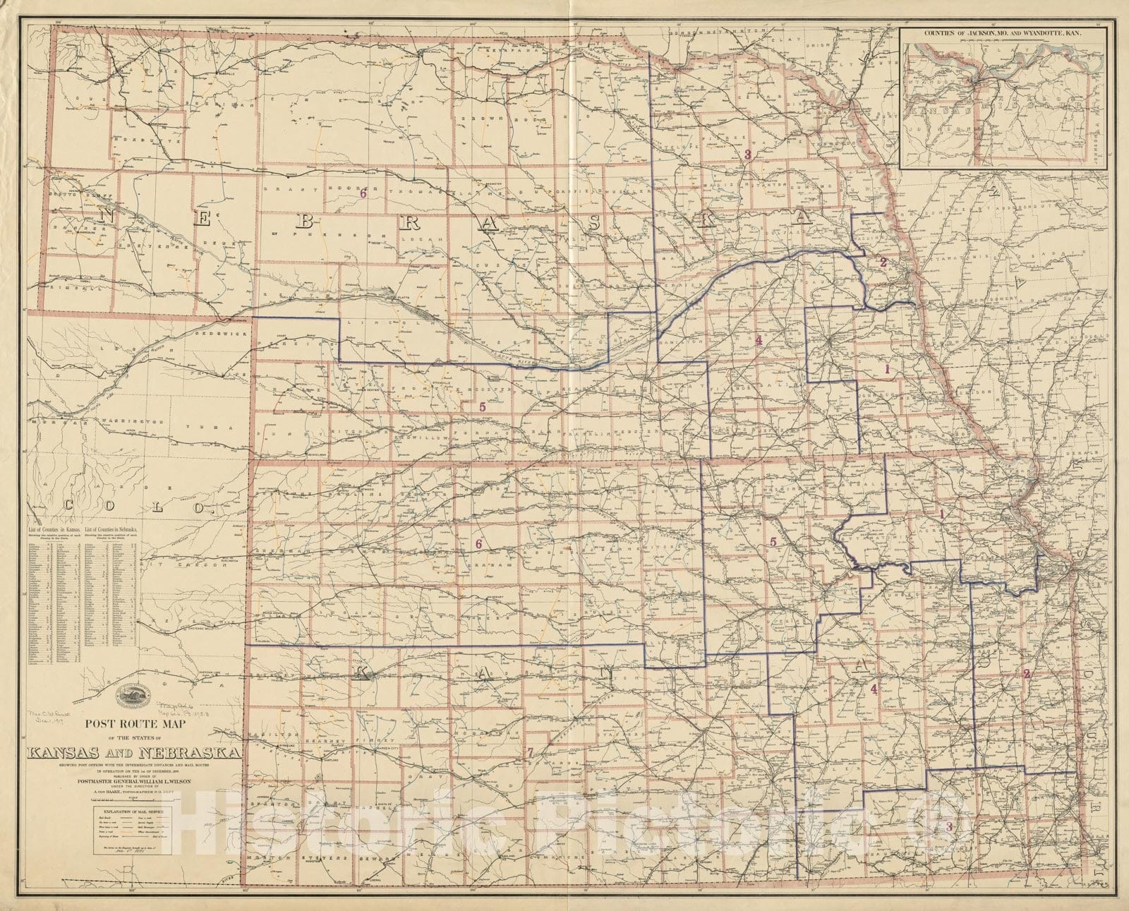 Historical Map, 1895 Post Route map of The States of Kansas and Nebraska Showing Post Offices with The Intermediate Distances and Mail Routes, 1895, Vintage Wall Art
