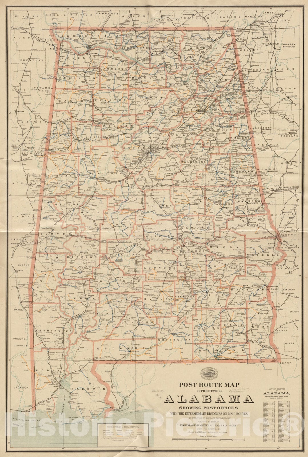Historical Map, Post Route map of The State of Alabama Showing Post Offices with The Intermediate Distances on Mail Routes in Operation on The 1st. of December, 1897, Vintage Wall Art