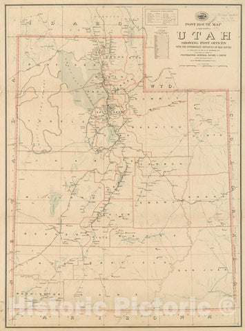 Historical Map, Post Route map of The State of Utah Showing Post Offices with The Intermediate Distances on Mail Routes in Operation on The 1st of December, 1903, Vintage Wall Art