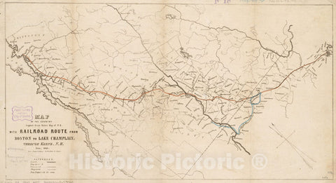 Historical Map, 1845 Map of The Country copied from Hale's map of N. E. with Railroad Route from Boston to Lake Champlain : Through Keene, N. H, Vintage Wall Art
