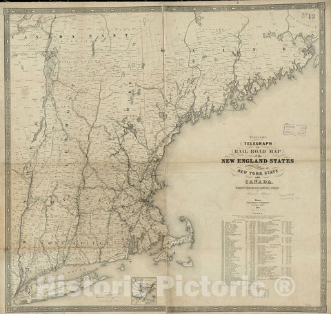 Historical Map, 1852 Williams' Telegraph and Rail Road map of The New England States, Eastern Portion of New York State and Canada, Vintage Wall Art