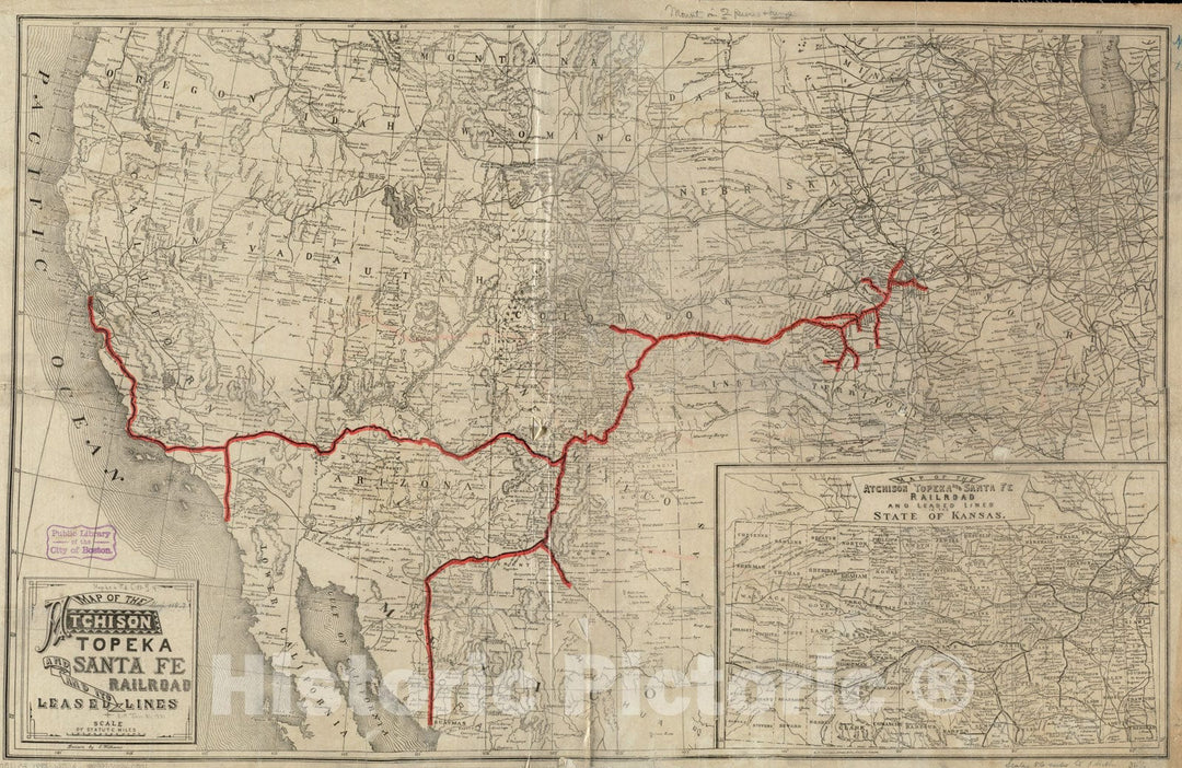 Historical Map, 1888 Map of the Atchison Topeka and Santa Fe Railroad and its leased lines, Vintage Wall Art