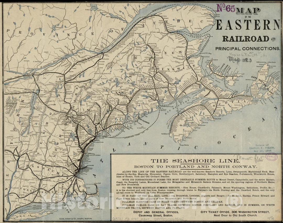 Historical Map, 1880-1884 Map of The Eastern Railroad and Principal Connections, Vintage Wall Art