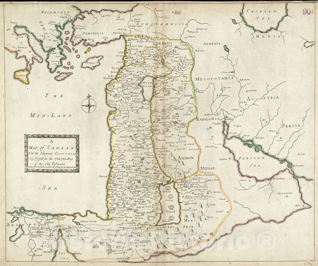 Historical Map, 1692 A map of Canaan : with The Adjacent countrie's Very usefull for The Understanding of The Old Testament, Vintage Wall Art