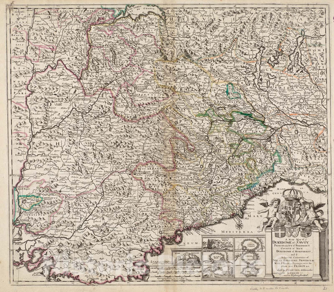 Historical Map, 1690 A New Map of ye Dukedome of Savoy, Principality of Piedmont County of Nice Dukedome of Monferret, and ye Adjacent Countries of Milan, Vintage Wall Art