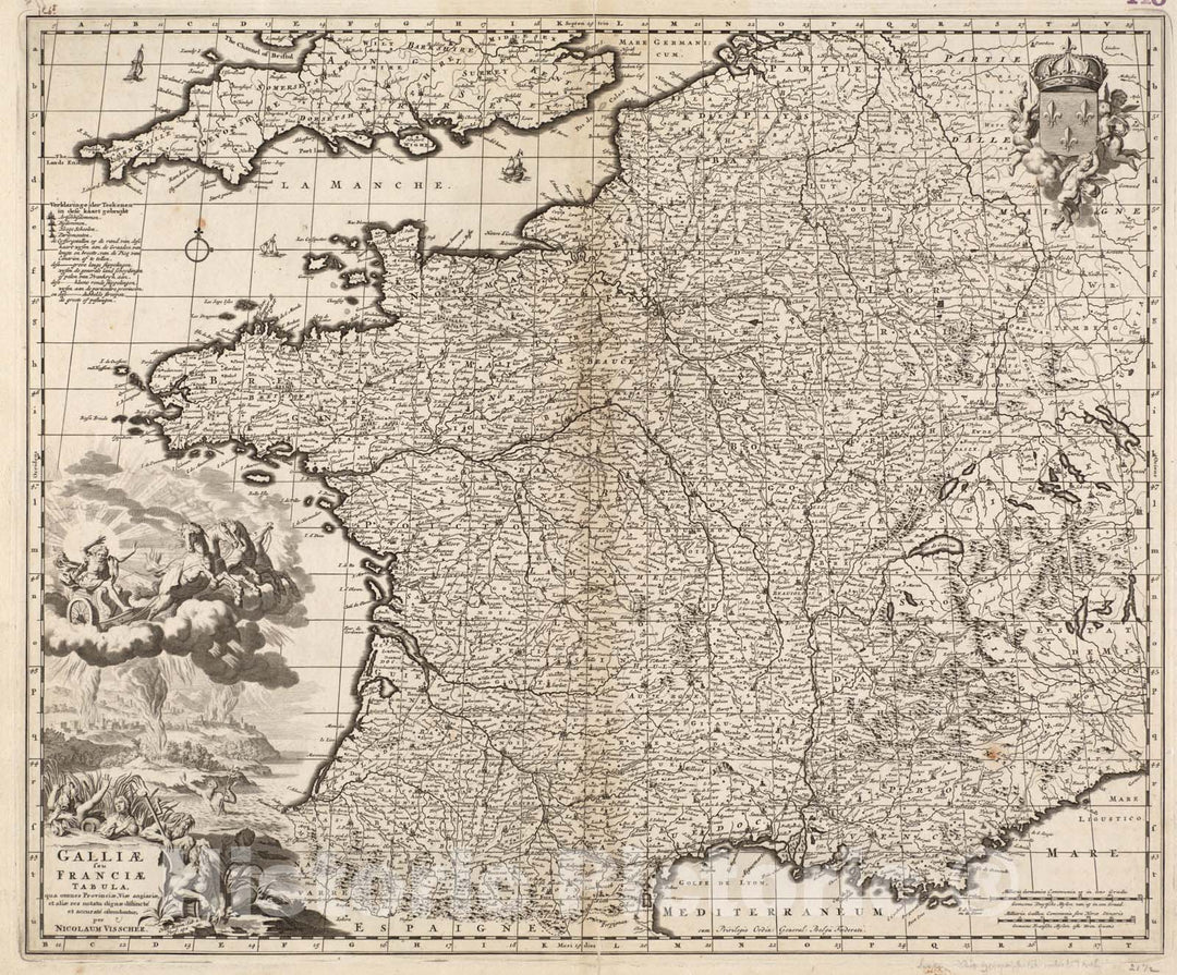 Historical Map, c.1690 Galliae seu Franciae Tabula, Qua omnes provinciae, via angiariae, et aliae res notatu dignae distincte et Accurate ostendatur, Vintage Wall Art