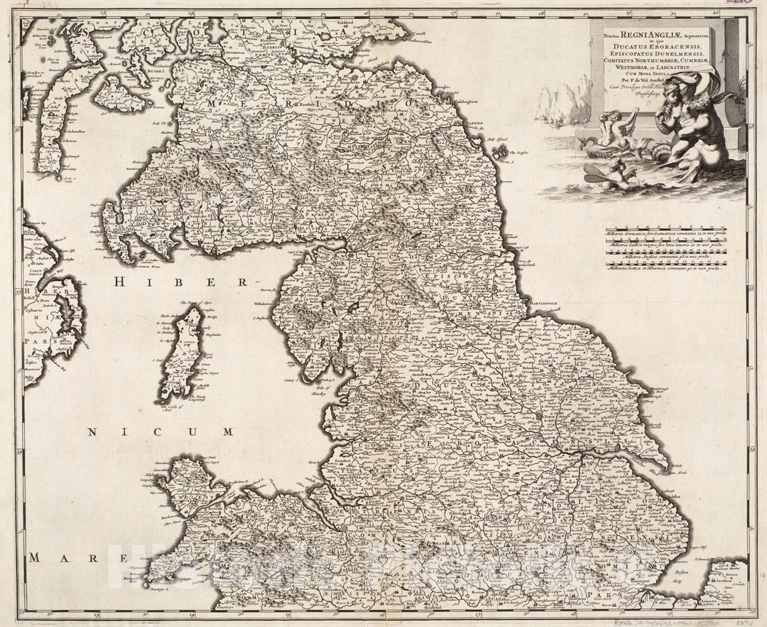 Historical Map, 1688 Tractus regni Angliae Septentrion[alis] in quo ducatus Eboracensis, episcopatus Dunelmensis, Comitatus Northumbriae, Cumbriae, Vintage Wall Art