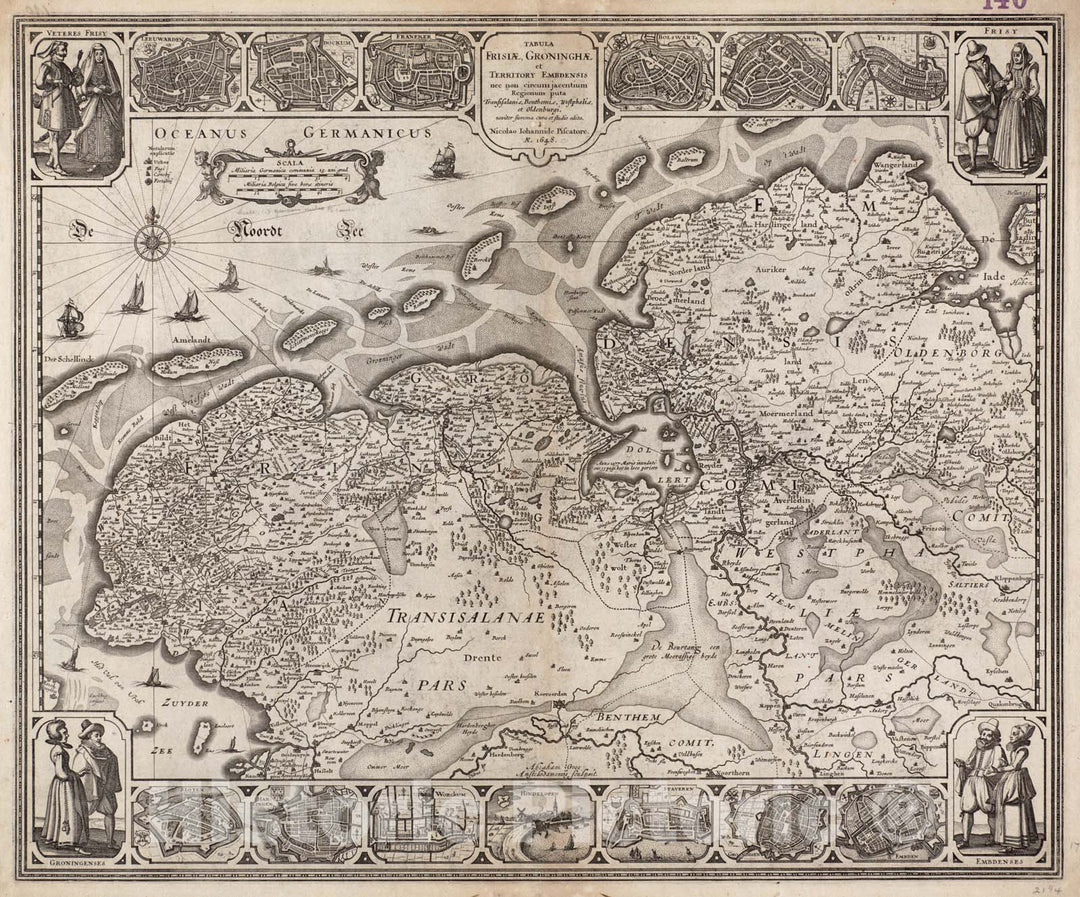 Historical Map, 1648 Tabula Frisiae, Groninghae, et Territory Embdensis NEC Non Circum jacentium regionum puta Transisalaniae, Benthemiae, Westphaliae, et Oldenburgi, Vintage Wall Art