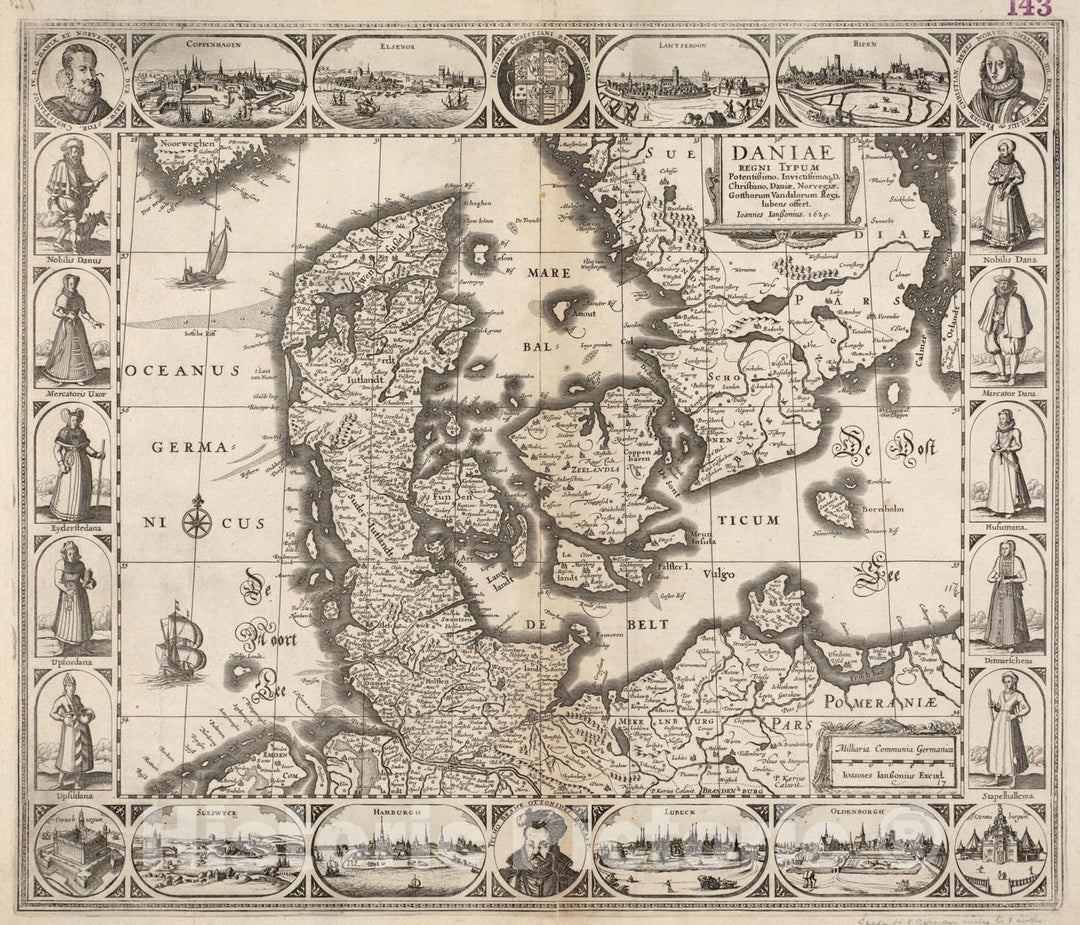 Historical Map, 1629 Daniae regni typum potentissimo Invictissimoque D. Christiano, Daniae, Norvegiae, Gotthorum Vandalorum Regi lubens offert, Vintage Wall Art