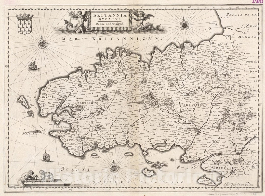 Historical Map, 1635 Britannia Ducatus = Duche de Bretaigne, Vintage Wall Art