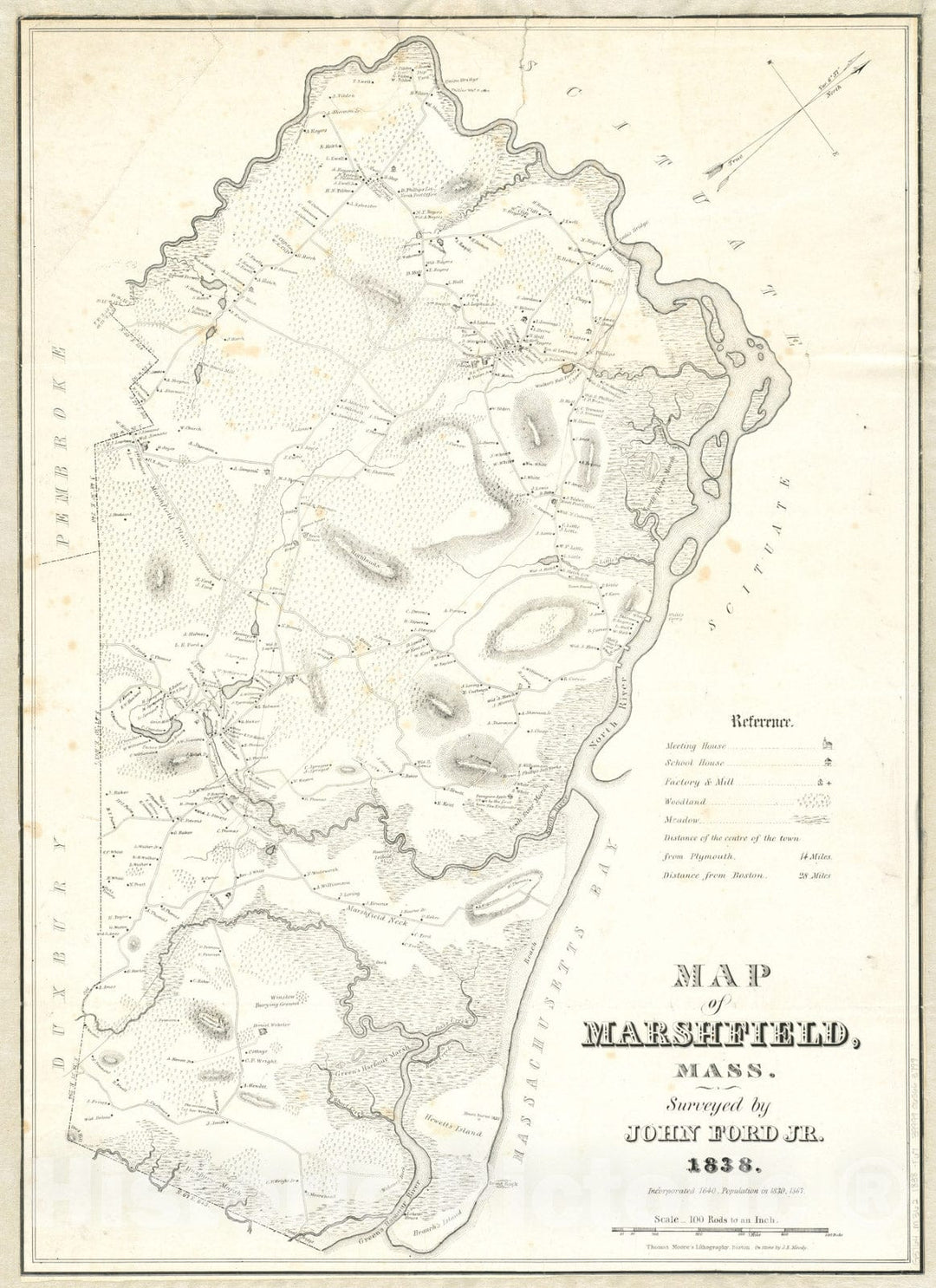 Historical Map, 1838 Map of Marshfield, Mass, Vintage Wall Art