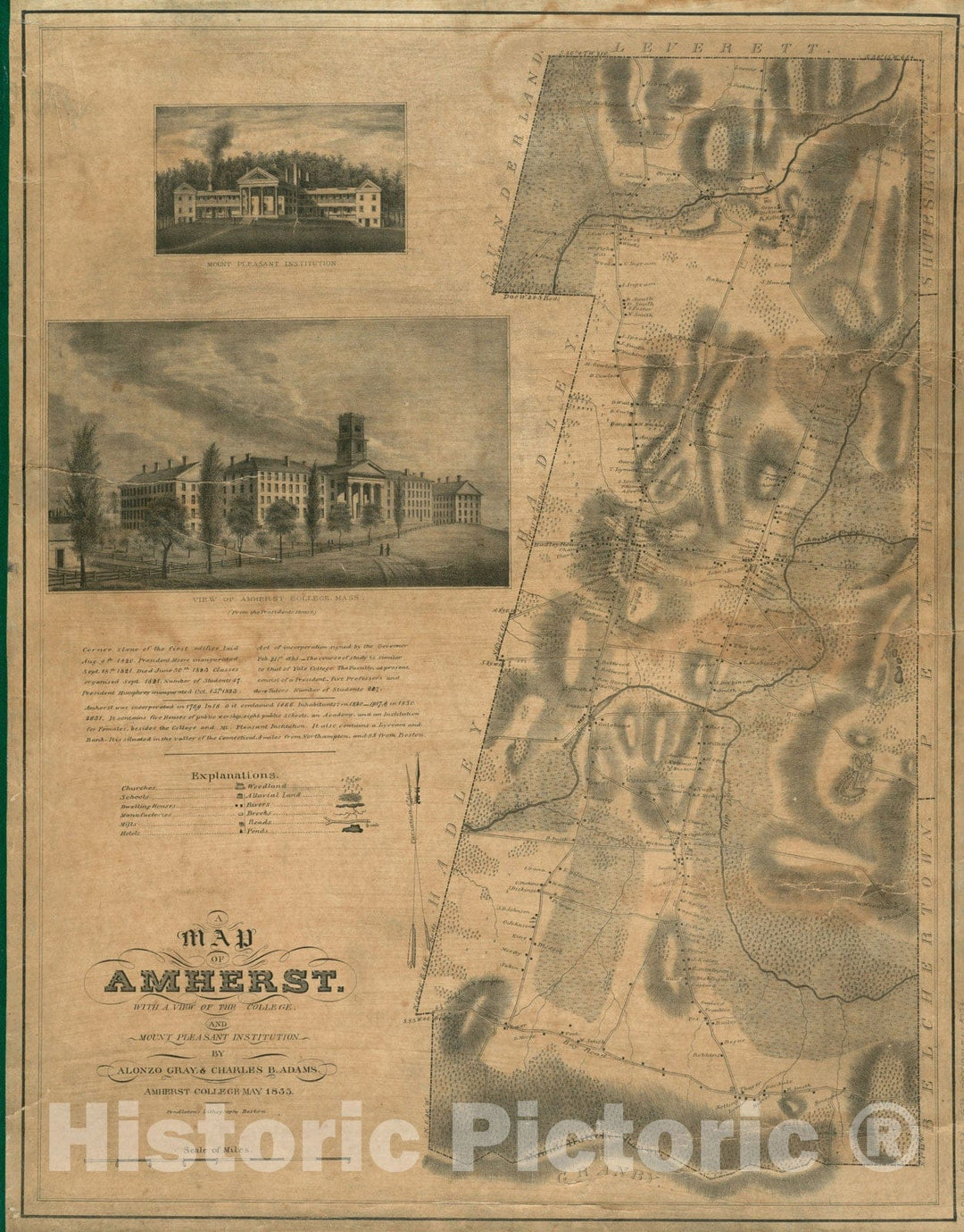 Historical Map, 1833 A map of Amherst with a view of the college and Mount Pleasant Institution, Vintage Wall Art