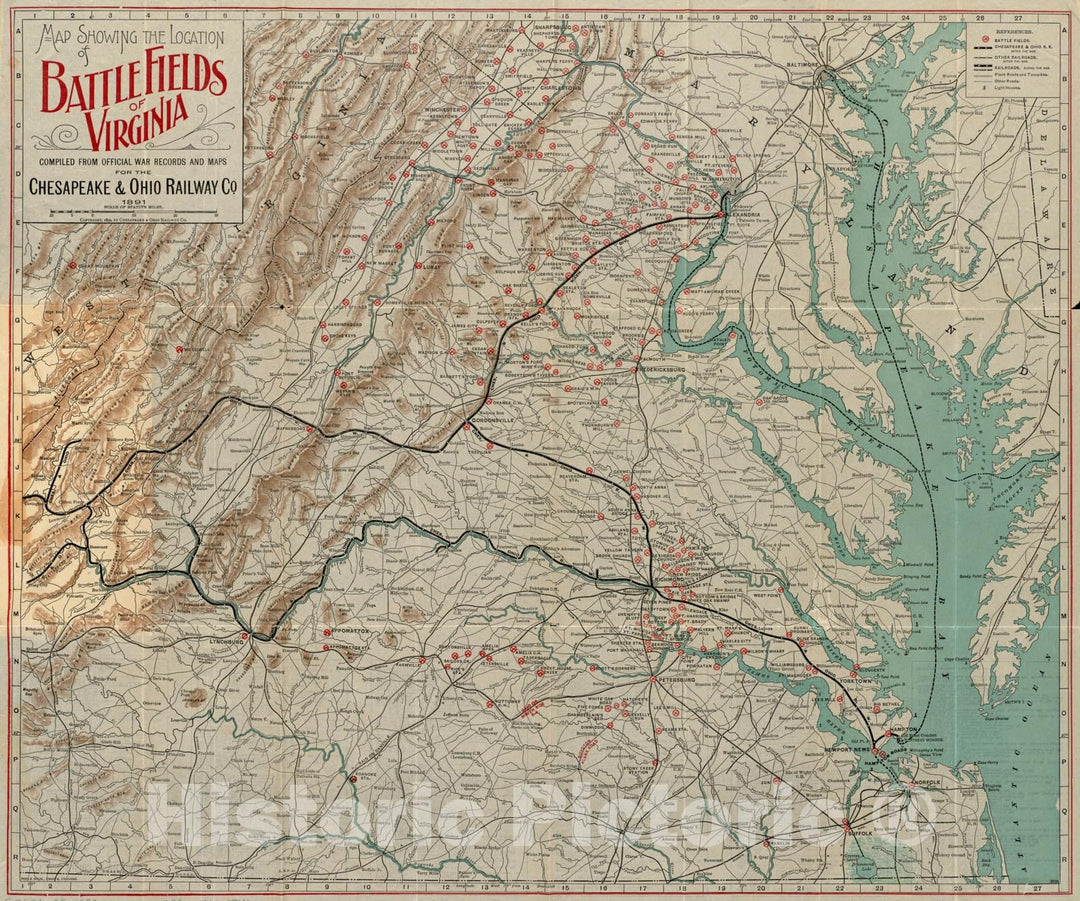 Historical Map, ca. 1892 Map Showing The Location of Battle Fields of Virginia, Vintage Wall Art
