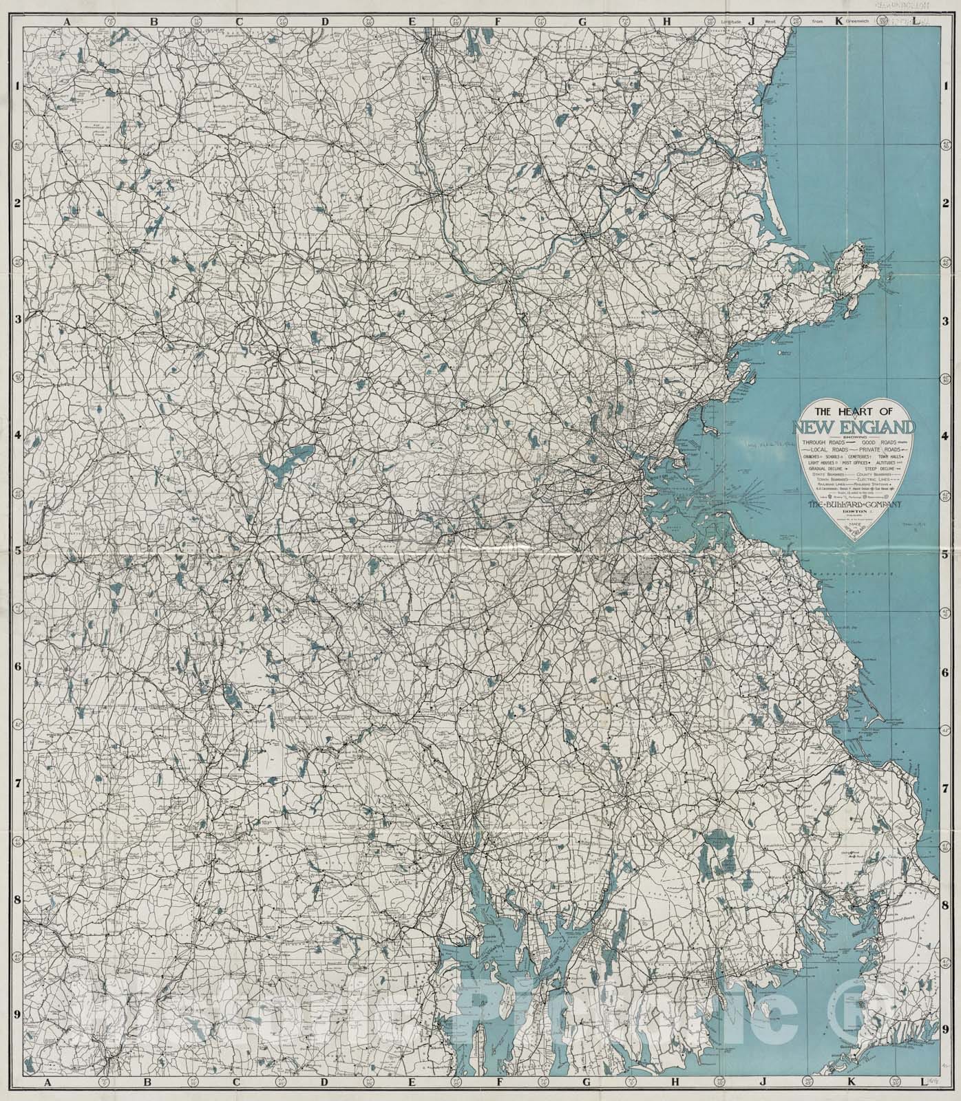 Historical Map, ca. 1911 The Heart of New England, Vintage Wall Art