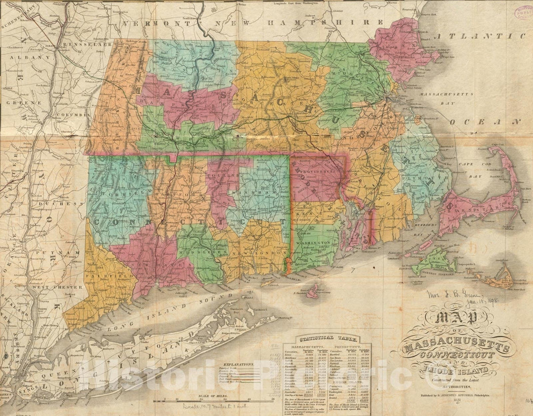 Historical Map, 1831 Map of Massachusetts, Connecticut and Rhode Island Constructed from The Latest Authorities, Vintage Wall Art