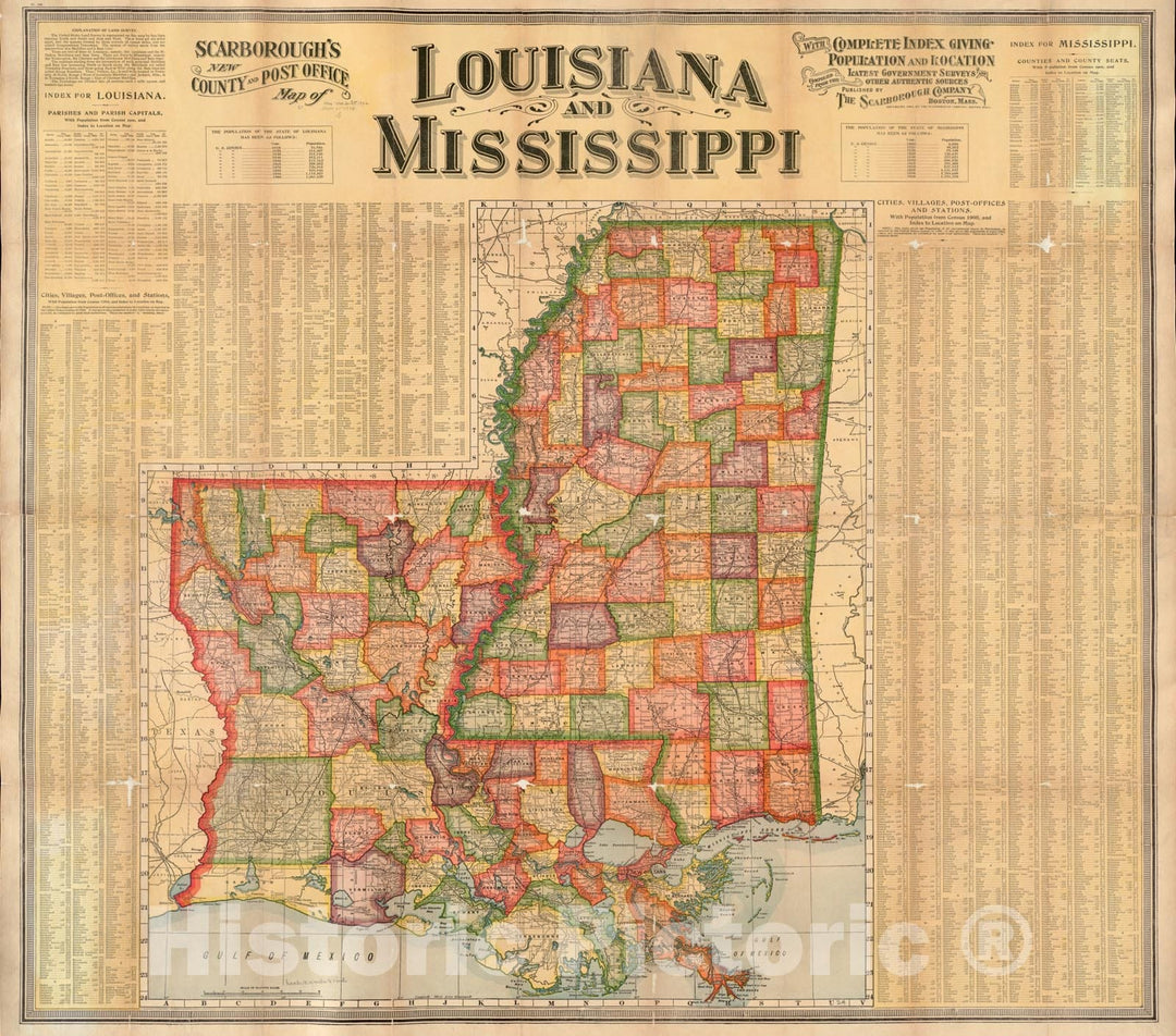 Historical Map, c.1904 Scarborough's New County and Post Office map of Louisiana and Mississippi : with Complete Index Giving Population and Location, Vintage Wall Art