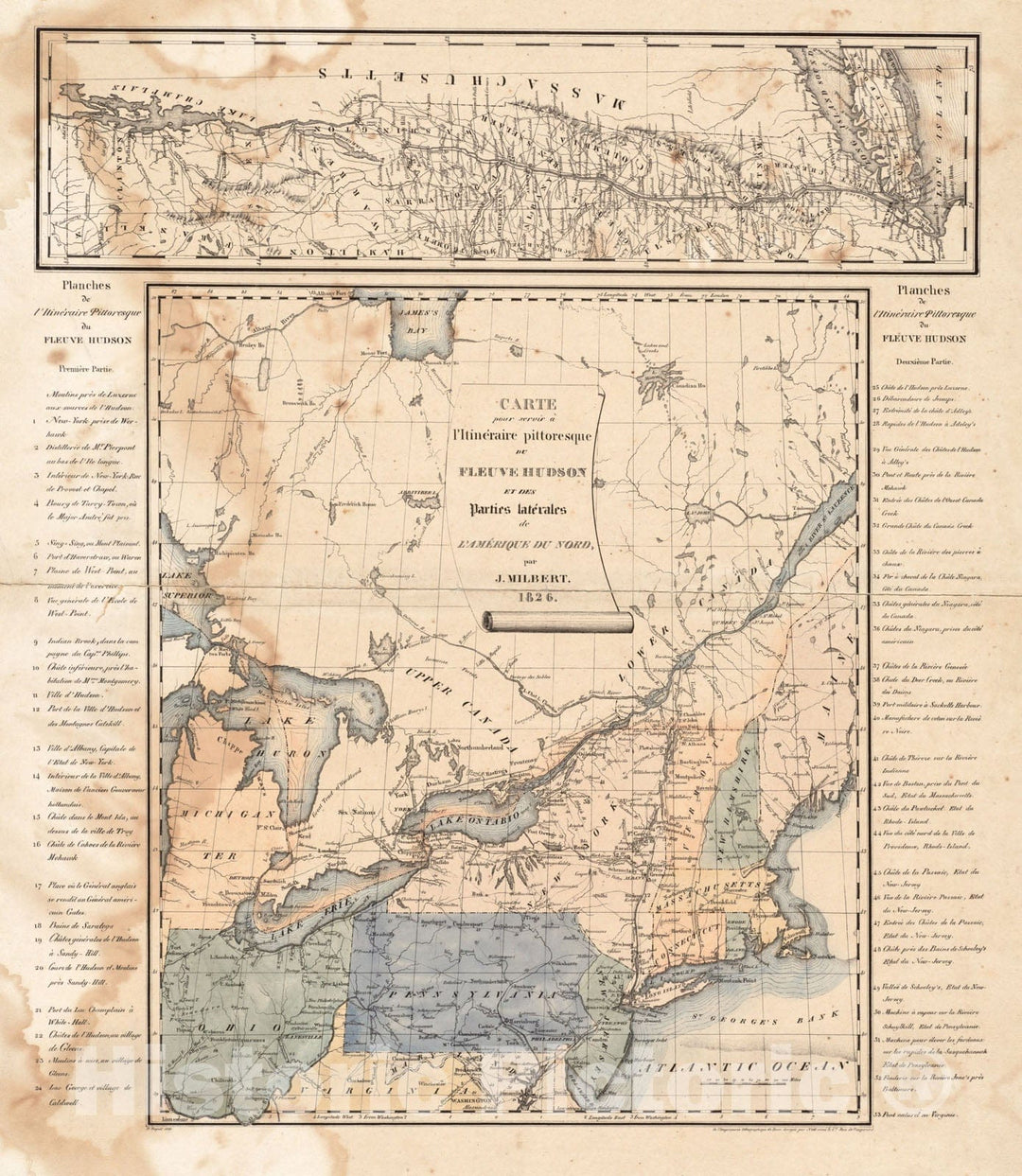 Historical Map, 1828-1829 Carte Pour servir a l'itineraire pittoresque du fleuve Hudson et des Parties laterales de l'Amerique du Nord, Vintage Wall Art