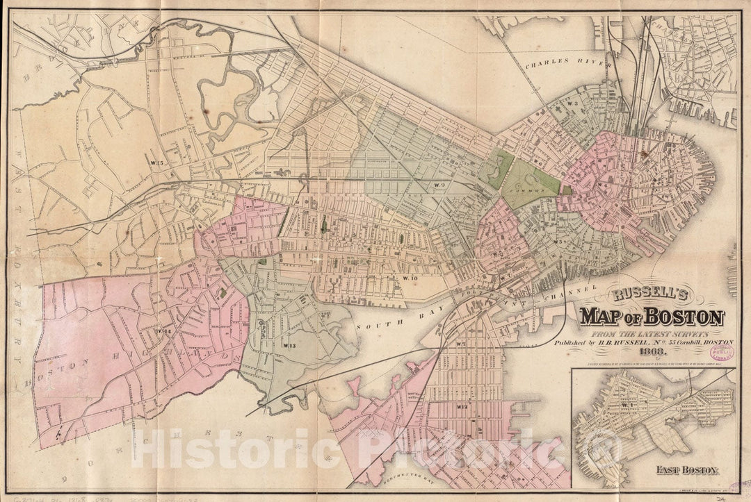 Historical Map, 1868 Russell's map of Boston from The Latest surveys, Vintage Wall Art
