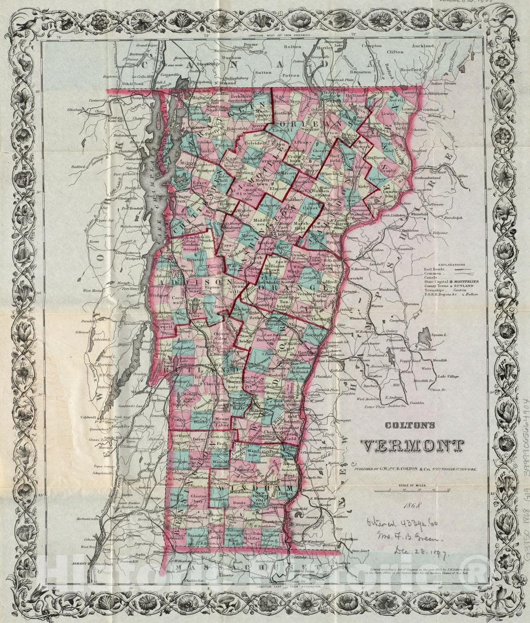 Historical Map, 1868 Colton's Vermont, Vintage Wall Art