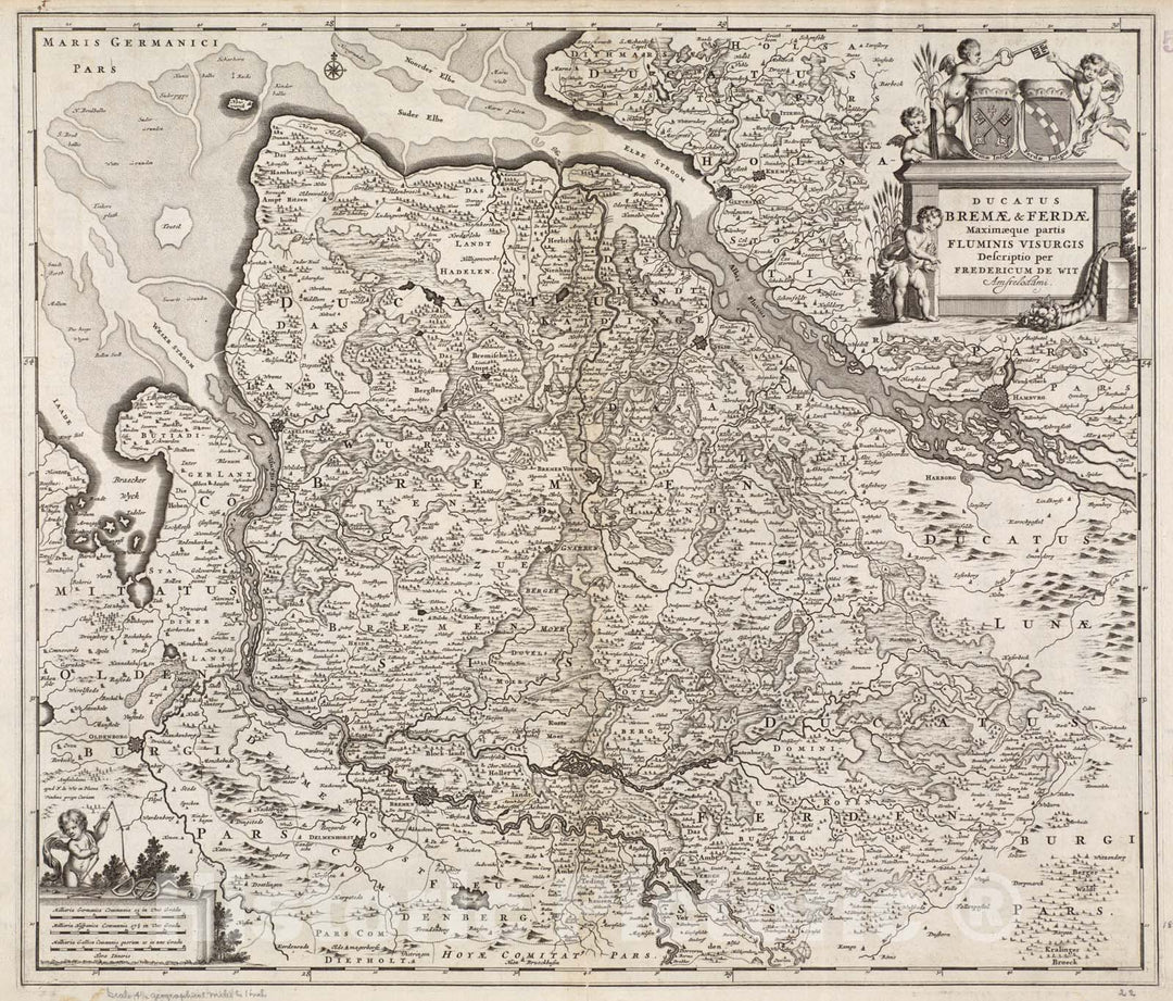 Historical Map, 1680 Ducatus Bremae & Ferdae maximaque partis fluminis Visurgis descriptio, Vintage Wall Art